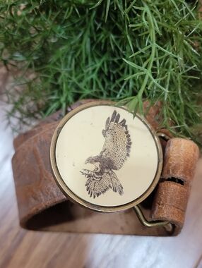 Vintage Leather Belt with Scrimshaw Hawk Buckle 36-40